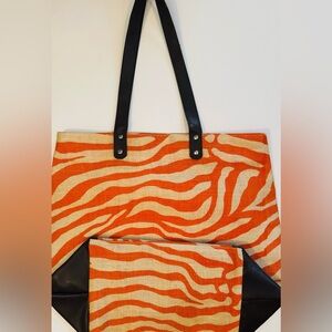 [Murval] Orange and White Animal Print Jute Large Tote Bag